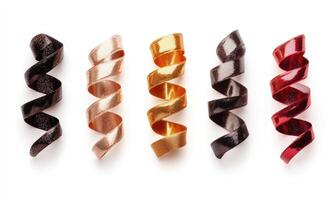 A row of five different colored hair rollers photo