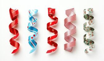 A collection of ribbons with different patterns and colors, including red, blue photo