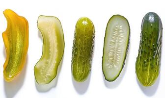 Five pickles are shown in a row photo
