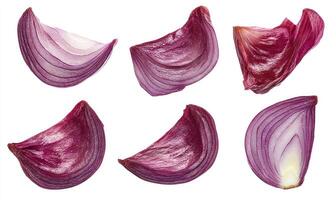 A close up of a single onion, sliced into six pieces photo