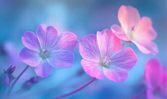 A close up of three pink flowers with blue background photo
