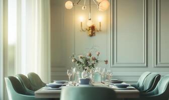 A large dining table is set with a vase of flowers photo