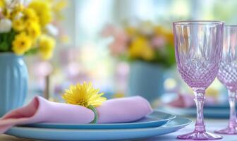 A table setting with a blue plate, a pink napkin, and two pink glasses photo
