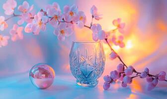 A glass with a ball in it is on a table with a pink flower branch photo