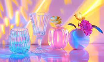 A table with a vase of flowers and four different shaped glasses photo