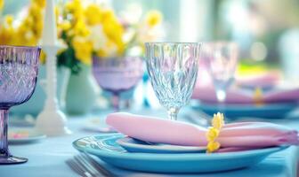 A table with a blue tablecloth and a pink napkin photo