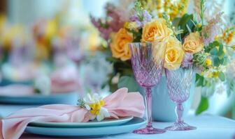 A table with a blue plate and a pink napkin with a yellow flower on it photo
