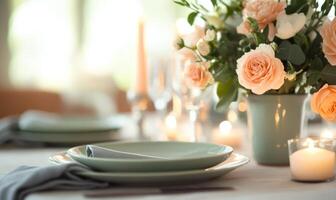 A table with a vase of flowers and a candle on it photo