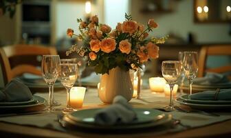 A table with a vase of flowers and candles, and a white vase with candles in it photo