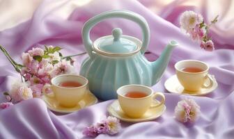 A teapot and three cups are on a table with flowers photo