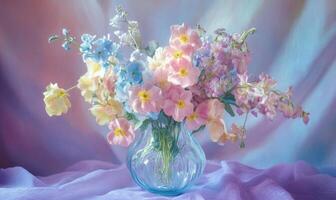 A vase filled with a colorful bouquet of flowers sits on a purple tablecloth photo