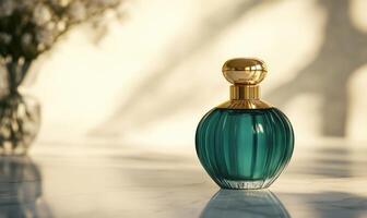 A bottle of perfume sits on a table next to a vase of flowers photo