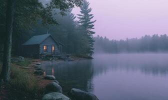 A cabin is on the shore of a lake photo