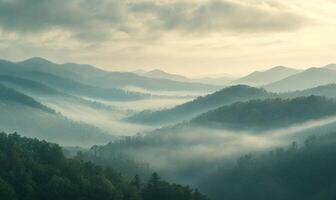The mountains are covered in fog and the sky is cloudy photo