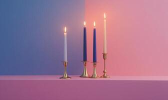 A row of four candles are lit on a table photo