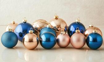 A row of blue and gold ornaments are displayed on a table photo