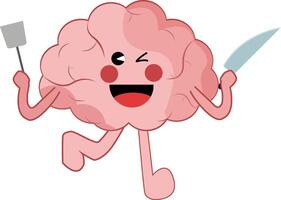 Brain character hold knife and spatula, Brain cartoon hold konifera and spatula. Perfect to sticker, logo, mascoot vector