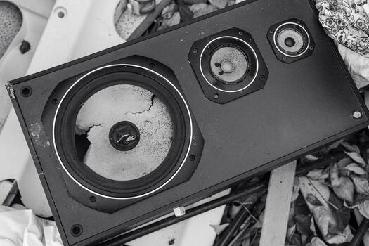 black and white photo of a speaker with a white line drawn through it. The speaker is broken and has been discarded. The photo has a mood of sadness and loss, as the speaker has been discarded