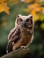 A small owl sitting on a branch in front of a tree photo