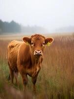 A cow standing in a field with a foggy background photo