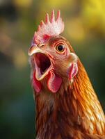 A close up of a chicken with its mouth open photo