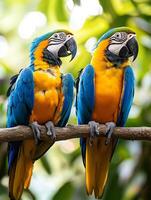 Two parrots sitting on a branch photo