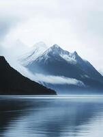 A mountain range is reflected in the water photo