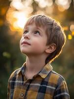 A young boy looking up at the sky photo