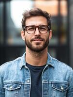 Portrait of handsome young man with glasses and denim jacket photo