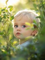 A young boy is looking out from behind some bushes photo