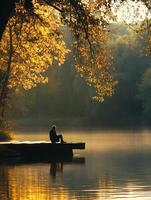 A person sitting on a dock in the middle of a lake photo