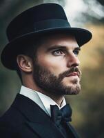 A man in a black hat and bow tie photo