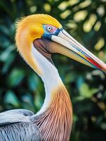 A close up of a pelican with a colorful beak photo