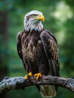 An eagle is sitting on a branch in the woods photo