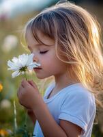 A little girl is smelling a flower in a field photo