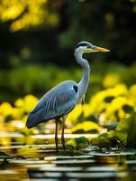 A bird standing in the water with leaves photo