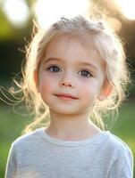 A little girl with blue eyes is standing in the grass photo