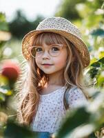 A little girl in a straw hat and glasses standing in a field photo