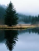A misty morning in the forest with a tree reflecting in the water photo