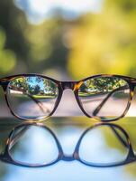 A pair of glasses with a reflection of the trees in the background photo