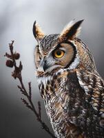 An owl is perched on a branch with a blurry background photo