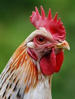 A close up of a rooster with a green background photo