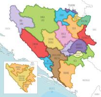 illustrated map of Bosnia and Herzegovina with entities, cantons, regions and administrative divisions, and neighbouring countries and territories. Editable and clearly labeled layers. vector