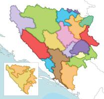 illustrated blank map of Bosnia and Herzegovina with entities, cantons, regions and administrative divisions, and neighbouring countries and territories. Editable and clearly labeled layers. vector