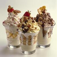 three ice cream sundaes with nuts, chocolate, and strawberries photo