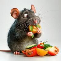 An animated cartoon of a cute rat holding an orange slice and enjoying fruit. photo