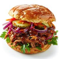 a pulled pork sandwich with pickles and onions photo