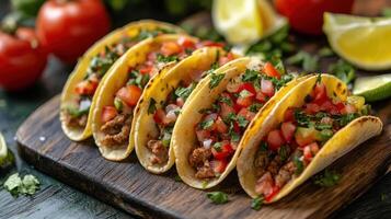a wooden cutting board topped with four tacos photo