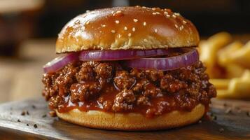 a sloppy joe sandwich with onions and meat photo