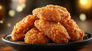 a pile of fried food sitting on top of a black plate photo